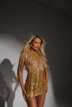 Load image into Gallery viewer, The HARRIET Beaded Gold Sequin Dress with Gold Beaded Fringing