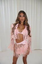 Load image into Gallery viewer, The THARA Cropped Blazer, Skirt and Bikini Top in Denim with Embellishments and Fringing details