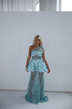 Load image into Gallery viewer, The PENELOPE Maxi Dress and Peplum Belt - Blue Sequin Lace