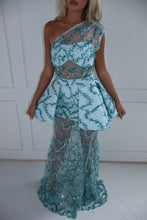 Load image into Gallery viewer, The PENELOPE Maxi Dress and Peplum Belt - Blue Sequin Lace