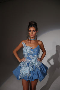 The MORGANA Denim Puffball Dress with 3D Flowers and Chain Choker