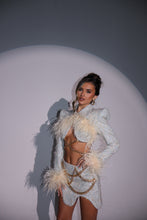 Load image into Gallery viewer, The LOLA Tweed Cropped Jacket and Skirt with Feathers and Gold Chain Details