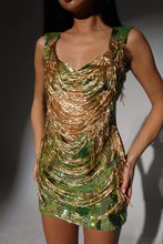 Load image into Gallery viewer, The JENNIFER Dress in Beaded Green Sequin with Luxe Gold Jewels and Draped Beaded Tassels