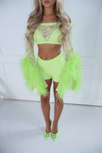 Load image into Gallery viewer, The FLORINE Top and Shorts with Feather Details - Beaded Lime Lace