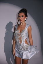 Load image into Gallery viewer, The IMOGEN Dress in Silver Sparkle with Hip Frill and Diamond Appliques