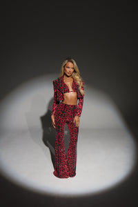 The VALENCIA Cropped Blazer, Bikini Top and Trousers in Red Leopard Sequin