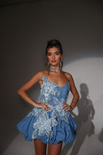 Load image into Gallery viewer, The MORGANA Denim Puffball Dress with 3D Flowers and Chain Choker