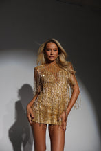 Load image into Gallery viewer, The HARRIET Beaded Gold Sequin Dress with Gold Beaded Fringing