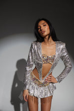 Load image into Gallery viewer, The LARISA Bodysuit and Skirt in Sparkle Zebra with Jewels and Beaded Tassels (Silver/Gold)