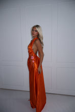 Load image into Gallery viewer, The GLOWYN Stretch Satin Maxi Dress with Floral Diamonte Embellishments (Orange)