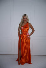 Load image into Gallery viewer, The GLOWYN Stretch Satin Maxi Dress with Floral Diamonte Embellishments (Orange)