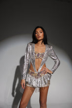 Load image into Gallery viewer, The LARISA Bodysuit and Skirt in Sparkle Zebra with Jewels and Beaded Tassels (Silver/Gold)