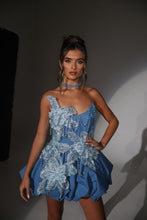Load image into Gallery viewer, The MORGANA Denim Puffball Dress with 3D Flowers and Chain Choker