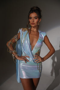 The ORELIA Grecian Drape Dress with Gold Embellished Arm Cuff