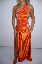 Load image into Gallery viewer, The GLOWYN Stretch Satin Maxi Dress with Floral Diamonte Embellishments (Orange)