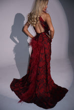 Load image into Gallery viewer, The AMELIA Dress with Ruched Belt, Floor Length Trail, Feathers and Diamond Embellishments (Burgundy)