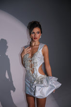 Load image into Gallery viewer, The IMOGEN Dress in Silver Sparkle with Hip Frill and Diamond Appliques