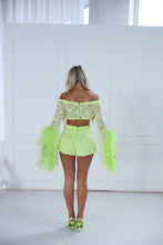 Load image into Gallery viewer, The FLORINE Top and Shorts with Feather Details - Beaded Lime Lace