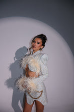 Load image into Gallery viewer, The LOLA Tweed Cropped Jacket and Skirt with Feathers and Gold Chain Details