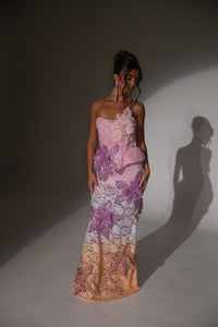 The DAPHNE Beaded Ombre Lace Dress with 3D Flowers