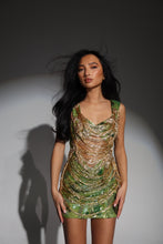 Load image into Gallery viewer, The JENNIFER Dress in Beaded Green Sequin with Luxe Gold Jewels and Draped Beaded Tassels