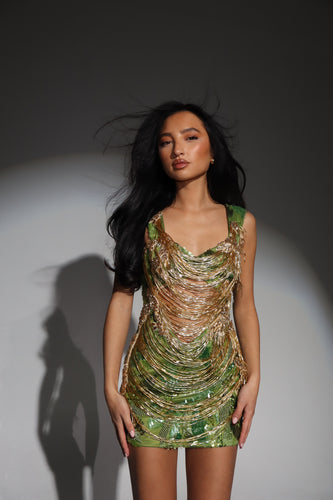 The JENNIFER Dress in Beaded Green Sequin with Luxe Gold Jewels and Draped Beaded Tassels