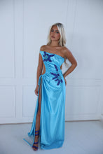 Load image into Gallery viewer, The GLOWYN Stretch Satin Maxi Dress with Floral Diamonte Embellishments (Blue)