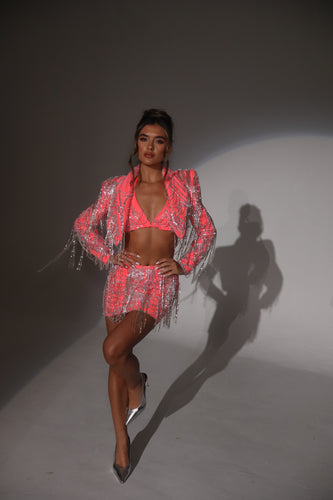The COSETTE Beaded Tassel Blazer, Skirt and Bikini Top