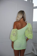 Load image into Gallery viewer, The KIKO Bodysuit and Skirt - Stretch Body with Gold Embellishments and Beaded Lace Sleeves (Lime)
