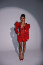 Load image into Gallery viewer, The DAHLIA Puffed Sleeve Bodysuit and Skirt with Diamond Details (Red)