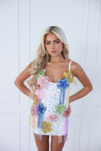 Load image into Gallery viewer, The BLOSSARA Dress with Multicolour 3D Embellished Flowers and Beaded Tassles