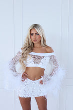 Load image into Gallery viewer, The FLORINE Top and Skirt with Feather Details - Beaded White Sequin