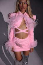 Load image into Gallery viewer, The GRACIE Fluffy Pink Cropped Jacket and Mini Skirt with Feathers and Diamonte Leaf Appliques