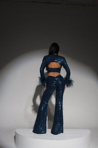 The CELESTE Sequin Bodysuit and Trousers with Luce Jewels and Feather Cuffs