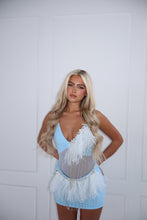Load image into Gallery viewer, The SWEET LOVE Bodysuit and Skirt - Baby Blue with White Feathers and Silver Embellishments