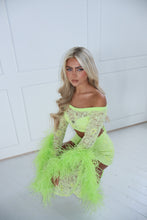 Load image into Gallery viewer, The FLORINE Top and Shorts with Feather Details - Beaded Lime Lace