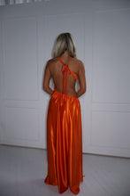 Load image into Gallery viewer, The GLOWYN Stretch Satin Maxi Dress with Floral Diamonte Embellishments (Orange)