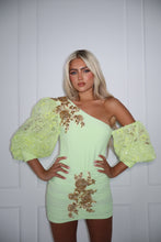Load image into Gallery viewer, The KIKO Bodysuit and Skirt - Stretch Body with Gold Embellishments and Beaded Lace Sleeves (Lime)