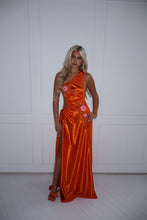 Load image into Gallery viewer, The GLOWYN Stretch Satin Maxi Dress with Floral Diamonte Embellishments (Orange)