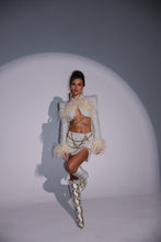 Load image into Gallery viewer, The LOLA Tweed Cropped Jacket and Skirt with Feathers and Gold Chain Details