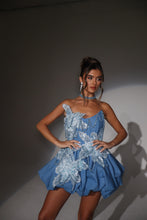 Load image into Gallery viewer, The MORGANA Denim Puffball Dress with 3D Flowers and Chain Choker