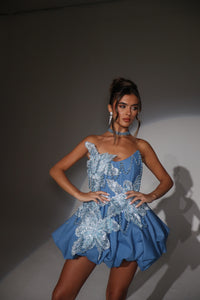 The MORGANA Denim Puffball Dress with 3D Flowers and Chain Choker