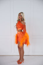 Load image into Gallery viewer, The BLUSHARA Dress with Feather Detail Sleeves - Orange Beaded Lace