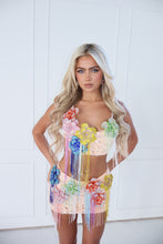Load image into Gallery viewer, The BLOSSARA Top and Skirt with Multicolour 3D Embellished Flowers and Beaded Tassles