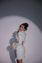 Load image into Gallery viewer, The LOLA Tweed Cropped Jacket and Skirt with Feathers and Gold Chain Details