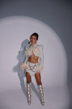 Load image into Gallery viewer, The LOLA Tweed Cropped Jacket and Skirt with Feathers and Gold Chain Details