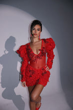 Load image into Gallery viewer, The DAHLIA Puffed Sleeve Bodysuit and Skirt with Diamond Details (Red)