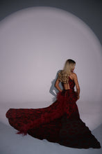Load image into Gallery viewer, The AMELIA Dress with Ruched Belt, Floor Length Trail, Feathers and Diamond Embellishments (Burgundy)