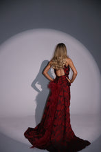 Load image into Gallery viewer, The AMELIA Dress with Ruched Belt, Floor Length Trail, Feathers and Diamond Embellishments (Burgundy)