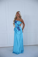 Load image into Gallery viewer, The GLOWYN Stretch Satin Maxi Dress with Floral Diamonte Embellishments (Blue)